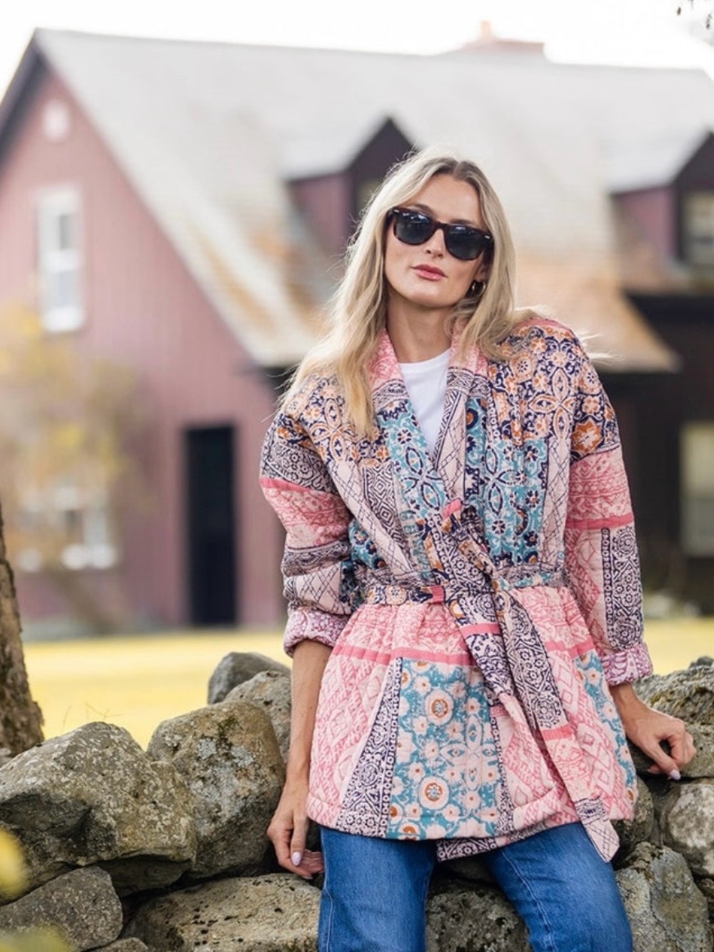 Patchwork Quilted Belted Robe Jacket - Pink Multi